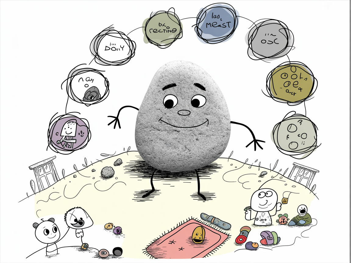 Stone character demonstrating daily rhythm structure for playing preschool homeschool curriculum planning
