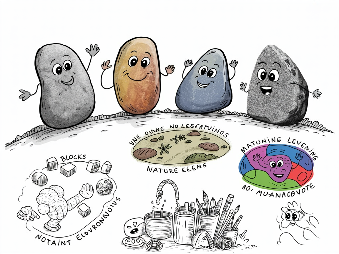 Four diverse stone characters representing different curriculum preschool homeschool types