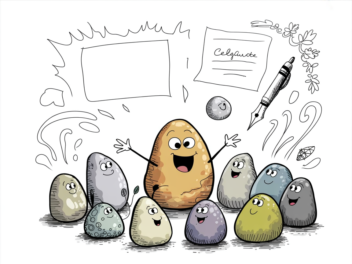 Stone characters collaborating to create a homeschool diploma with decorative elements