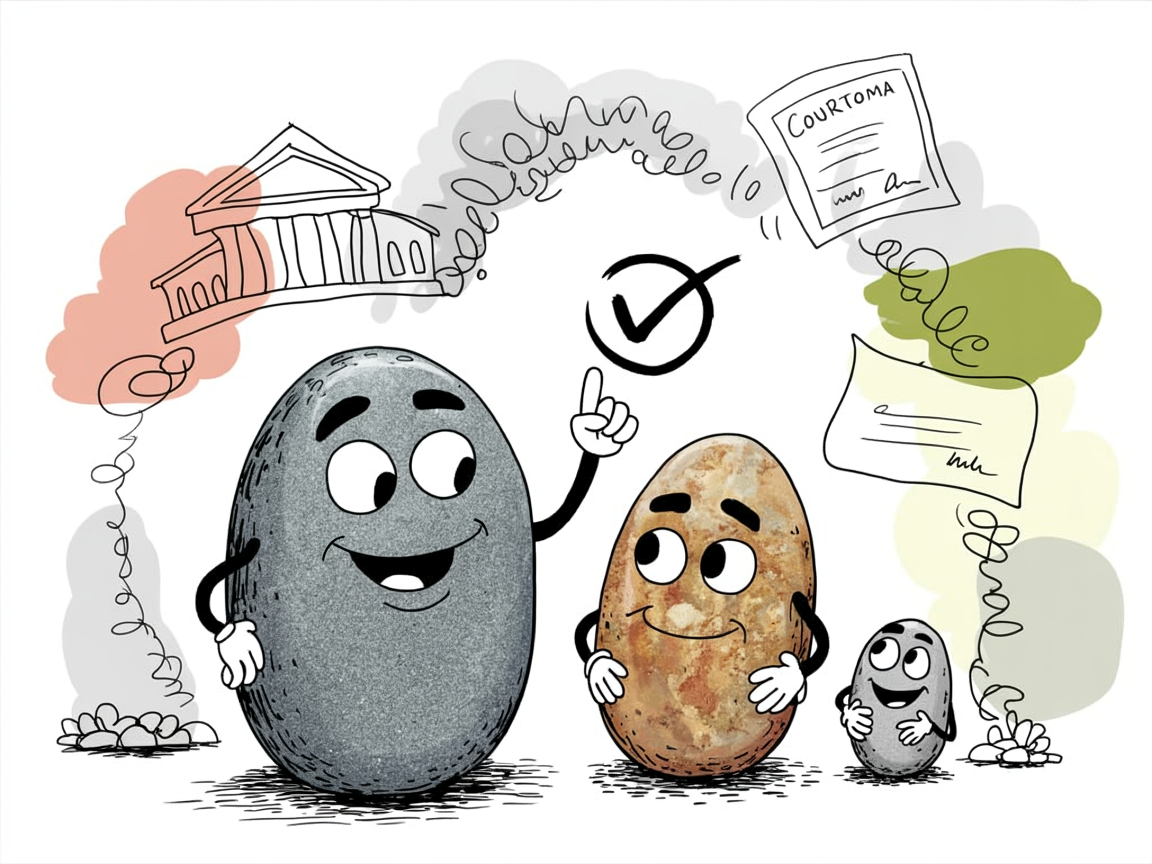 Stone characters discussing legal validity of homeschool diplomas with official symbols