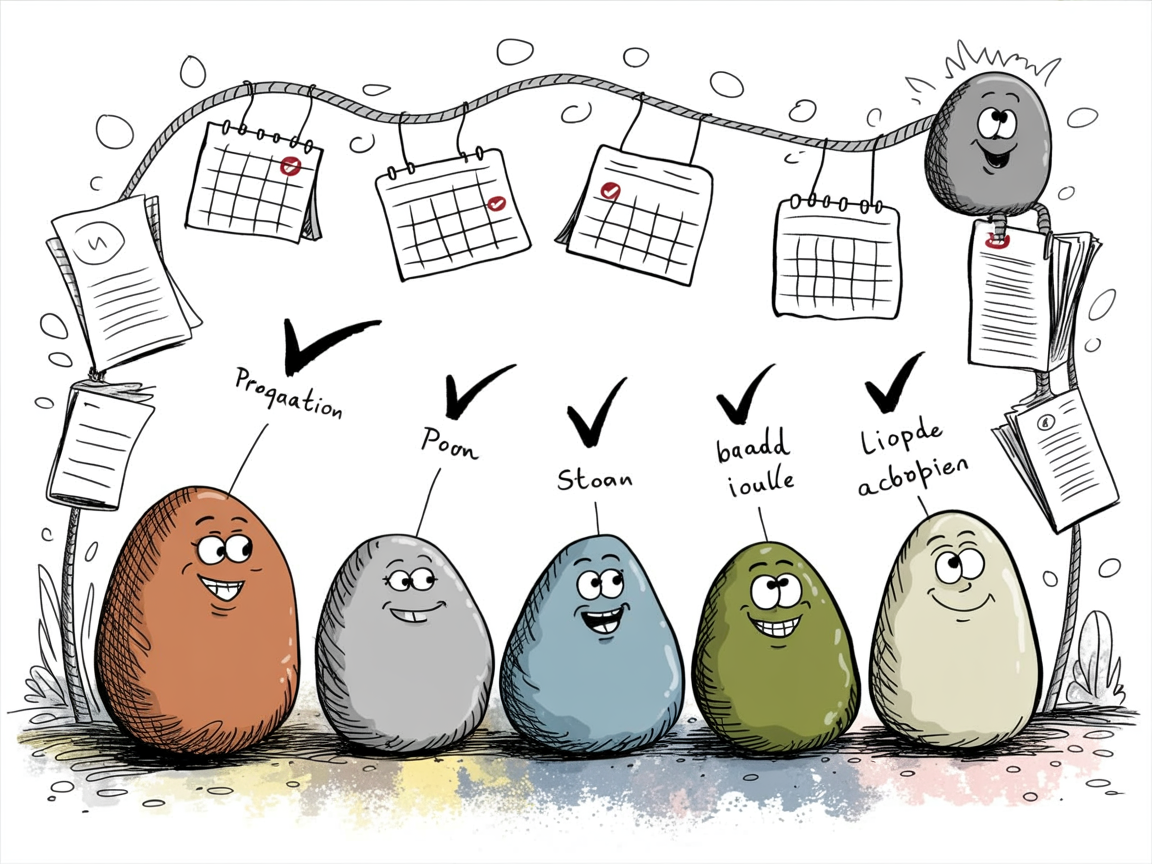 Stone characters showing timeline stages for preparing homeschool diplomas and records