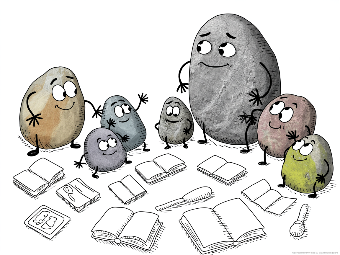 Stone characters evaluating learning materials, choosing homeschool instruction curriculum