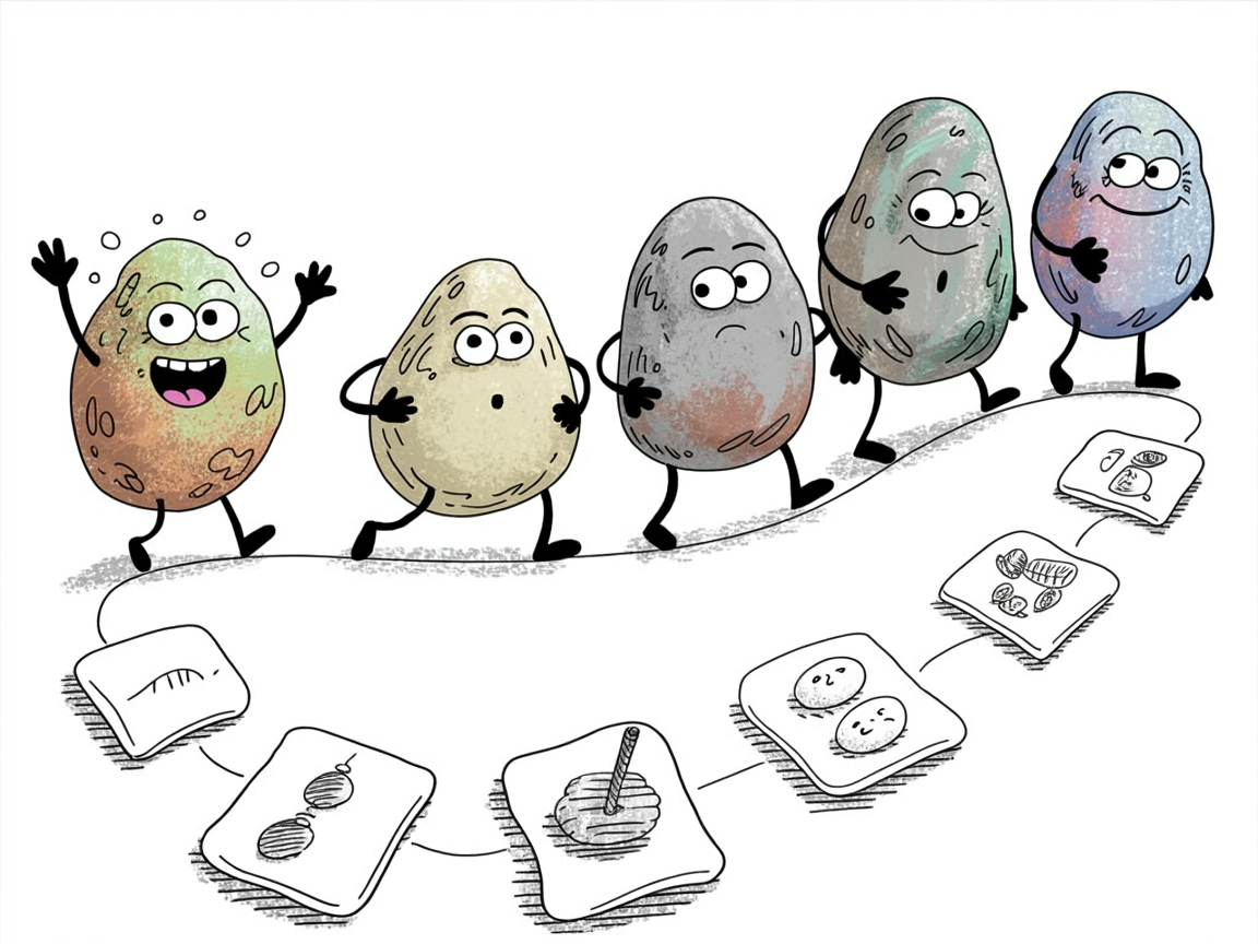 Stone characters progressing through learning steps, starting homeschool instruction journey