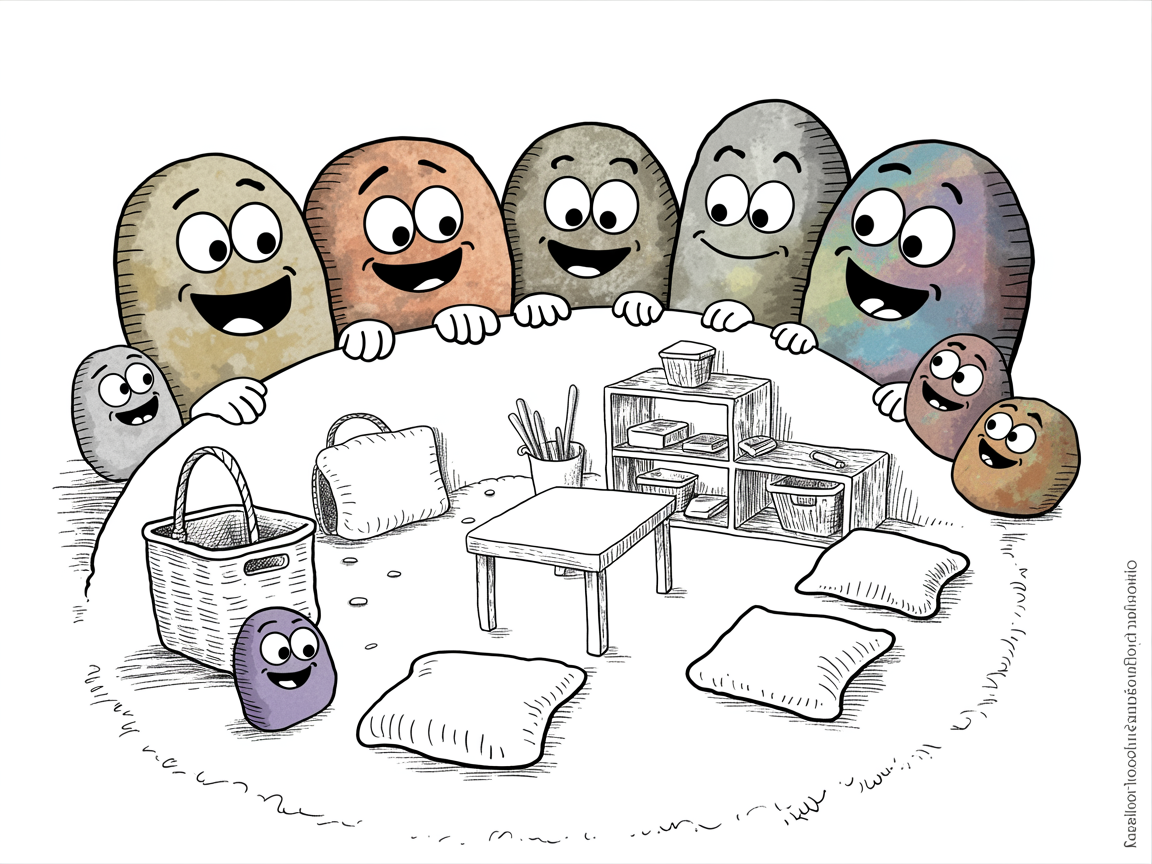 Stone characters showcasing budget-friendly homeschool room ideas with resourceful solutions