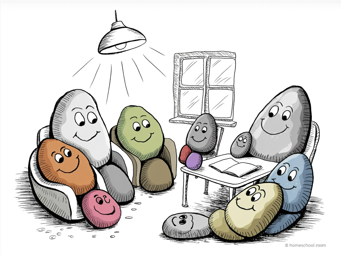 Stone characters enjoying proper lighting and comfortable seating in homeschool room ideas