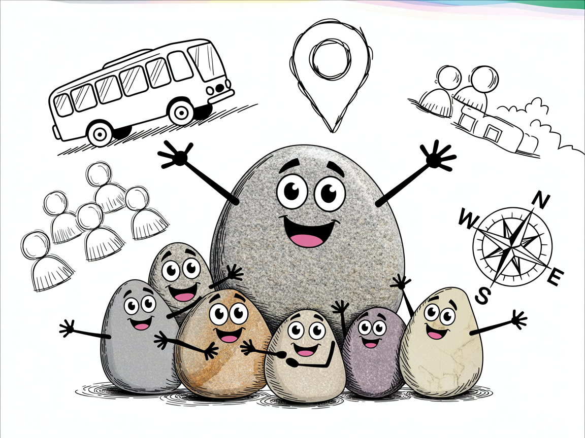 Stone characters celebrating group travel through homeschool co-ops and collaborative deals