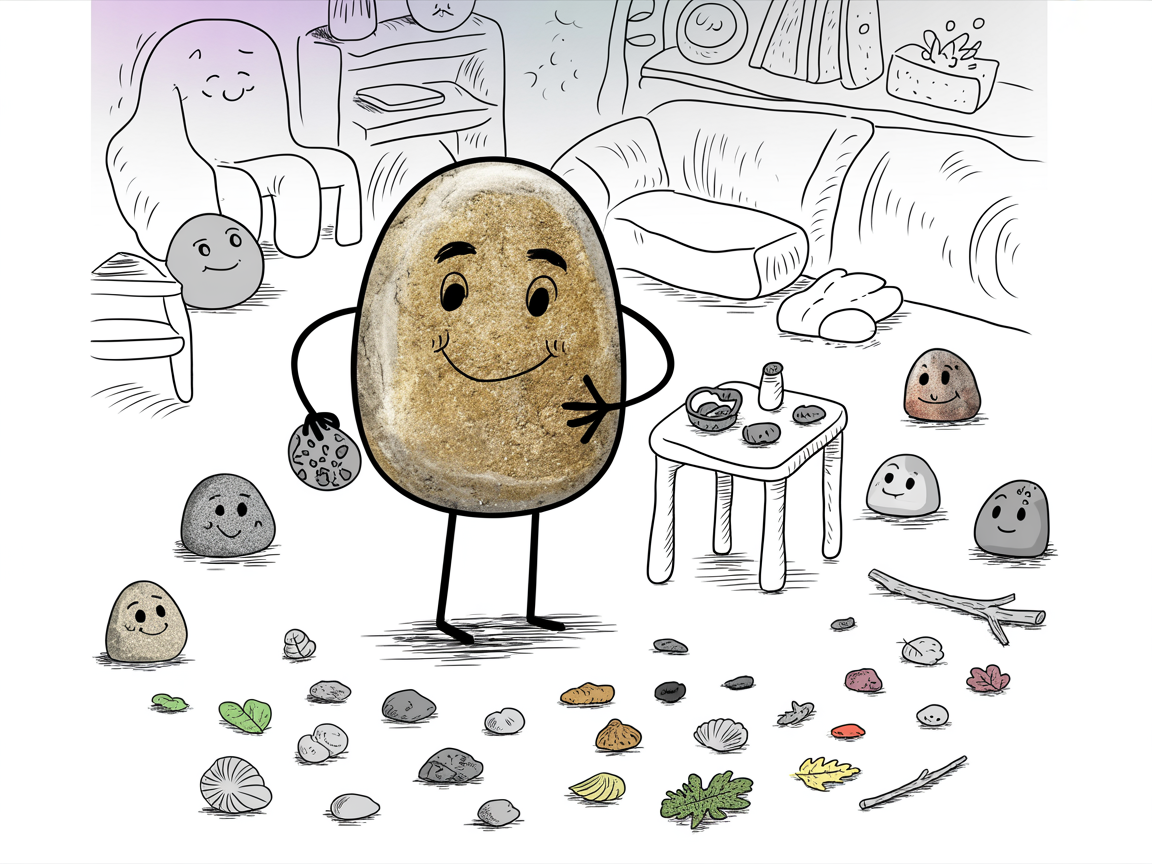 Stone character organizing collected items in homeschool pickers curriculum