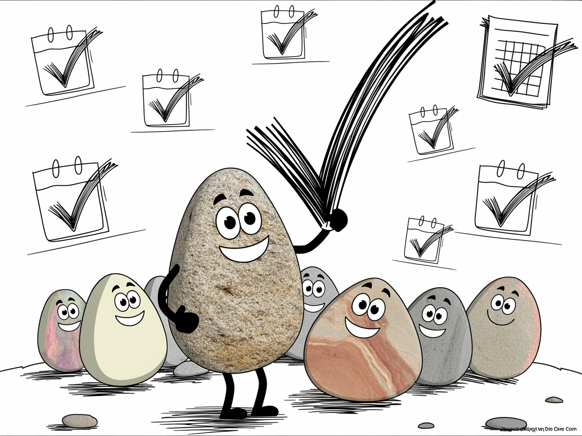 Stone character completing monthly social media parental controls maintenance tasks