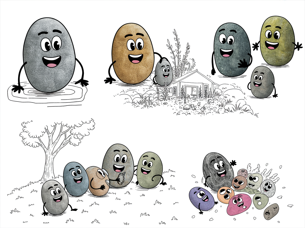 Unschooling day illustration depicting stone characters engaged in self-directed learning activities
