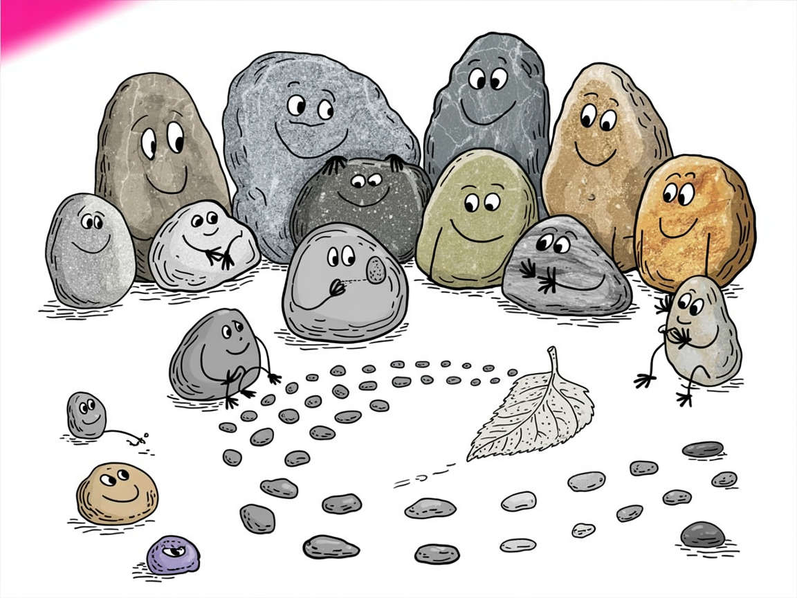 Unschooling learning illustration with stone characters exploring math and reading through natural play