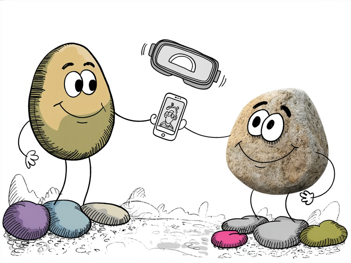 Two stone characters comparing virtual reality and augmented reality education methods for homeschool