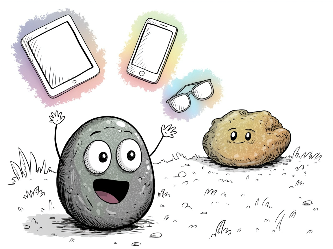 Stone character discovering augmented reality education through digital devices and interactive tools