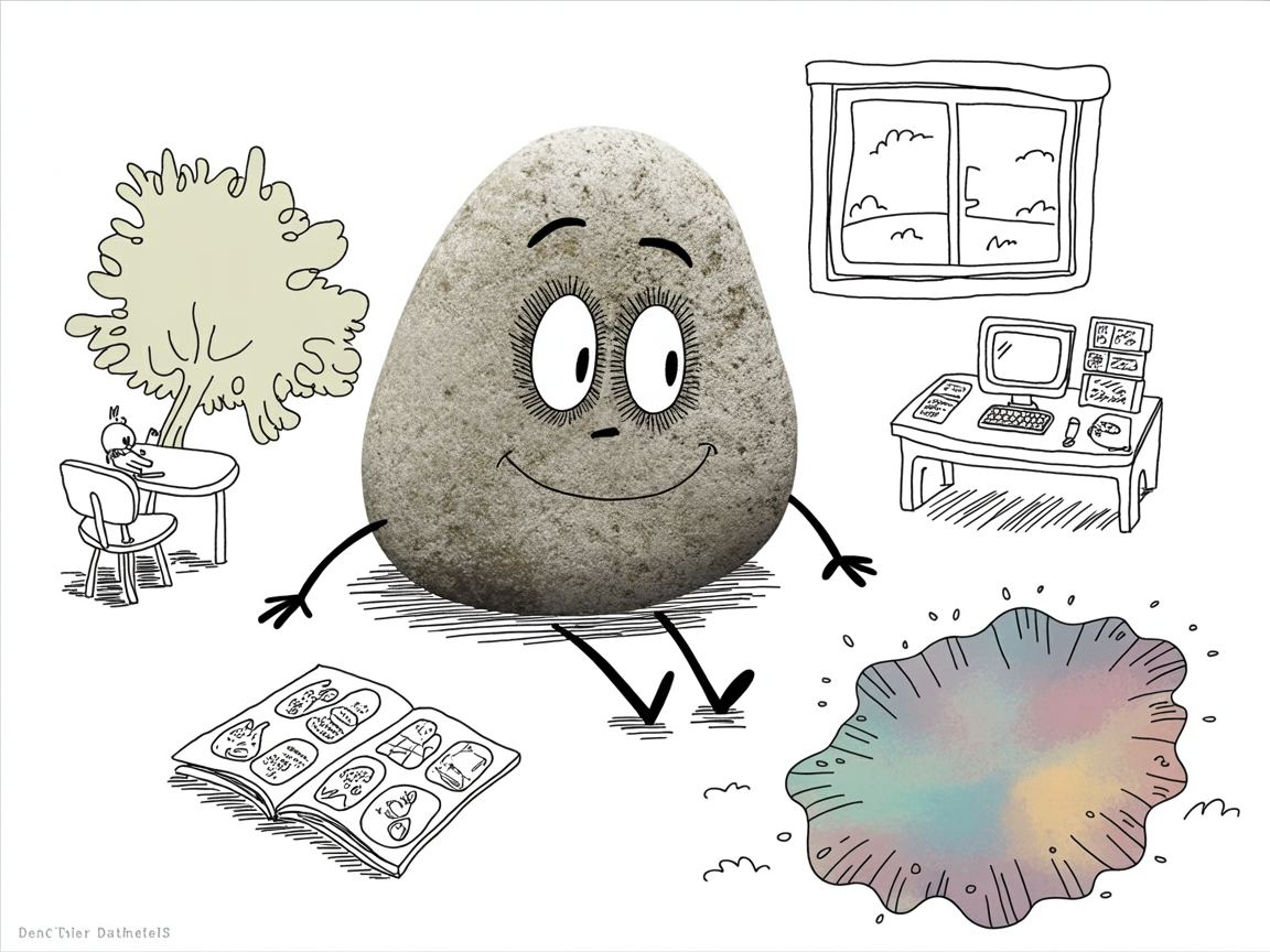 Stone character exploring a k12 program homeschool learning setup with computer and materials