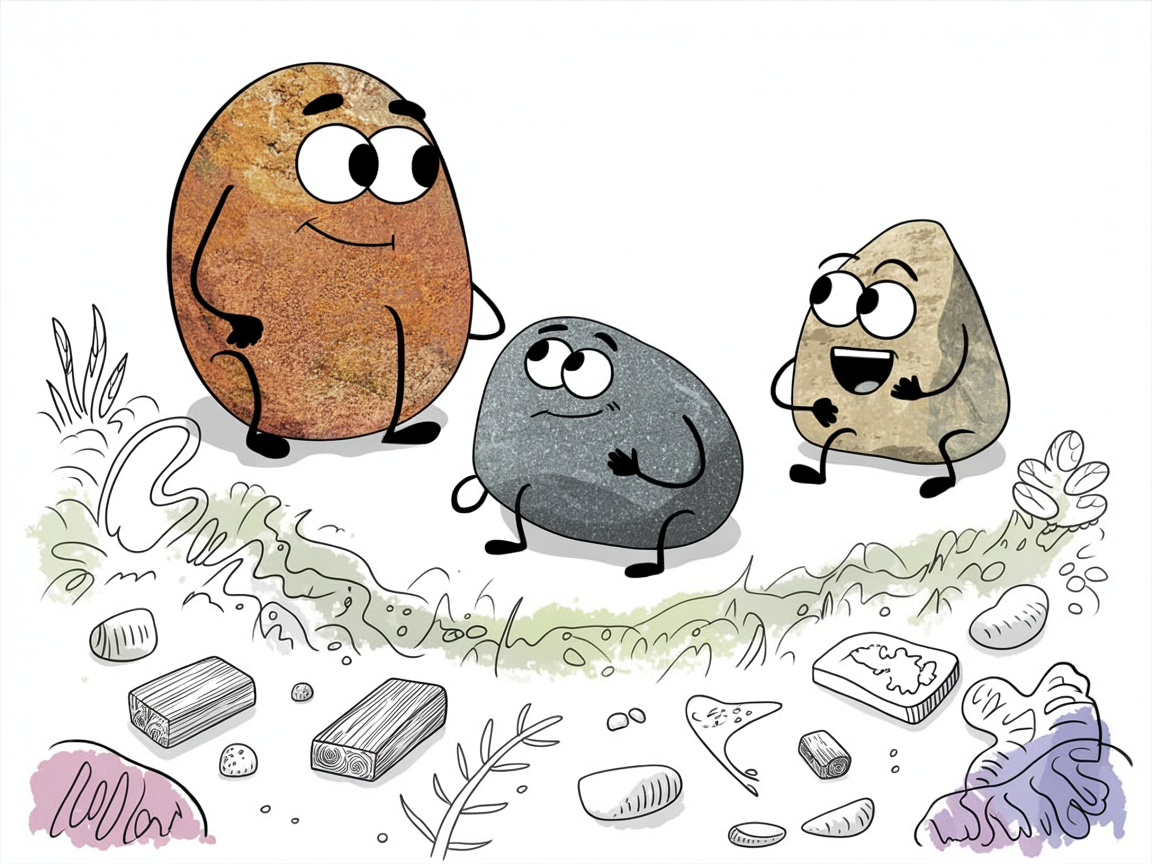 Stone characters exploring materials in a playing preschool homeschool curriculum setting
