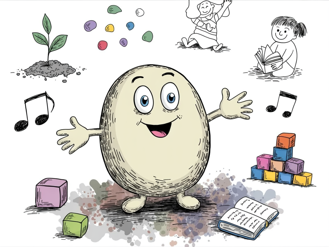 Excited stone character surrounded by learning activities for curriculum preschool homeschool