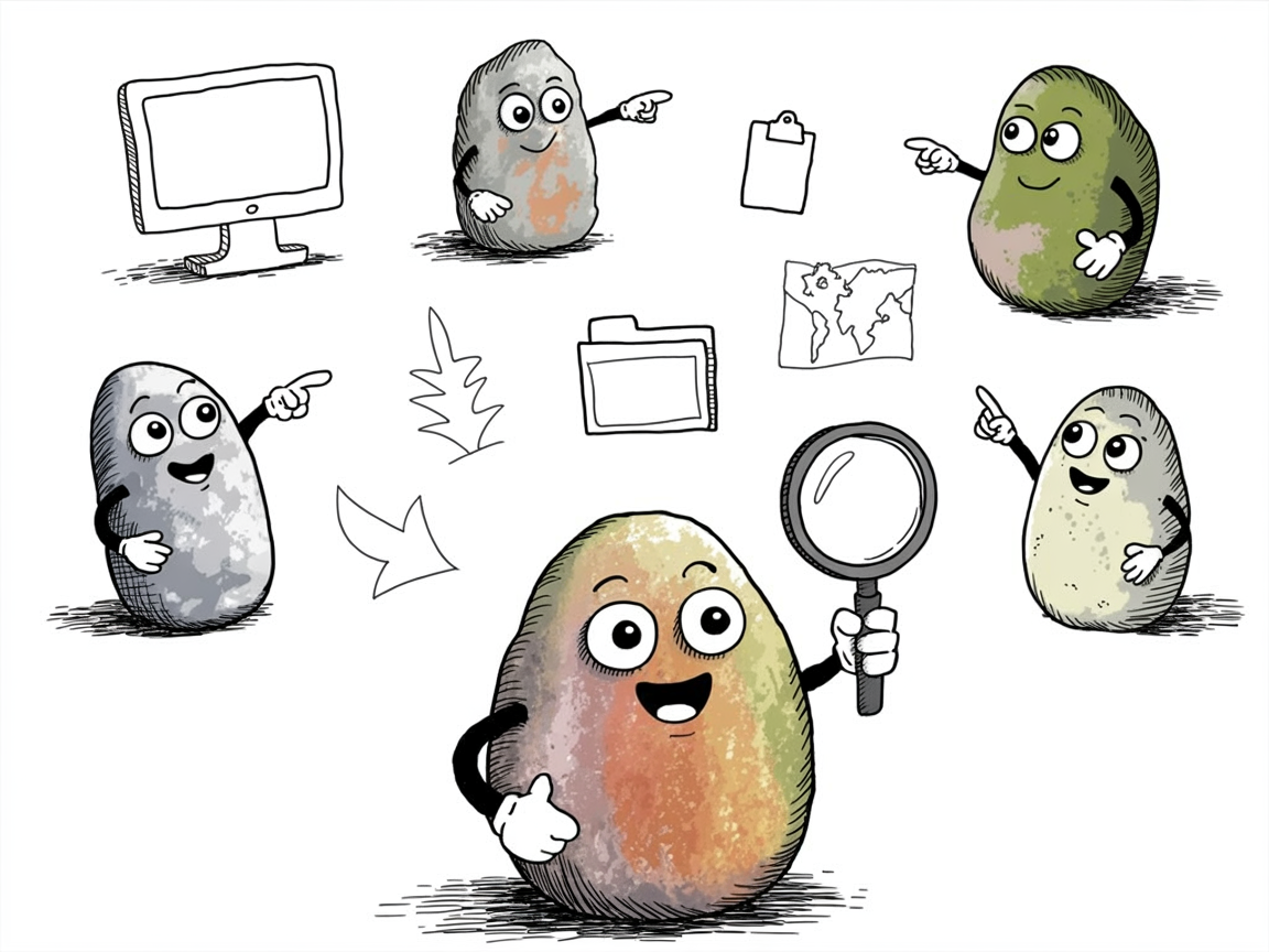 Stone characters searching and discovering homeschool job opportunities through various resources
