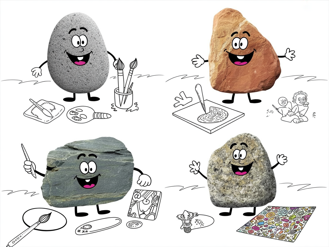 Different stone characters representing types of homeschool art curriculum programs for beginners