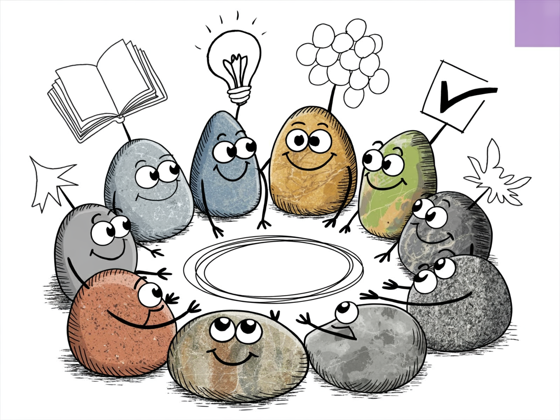 Stone characters collaborating on online reputation management curriculum in homeschool setting