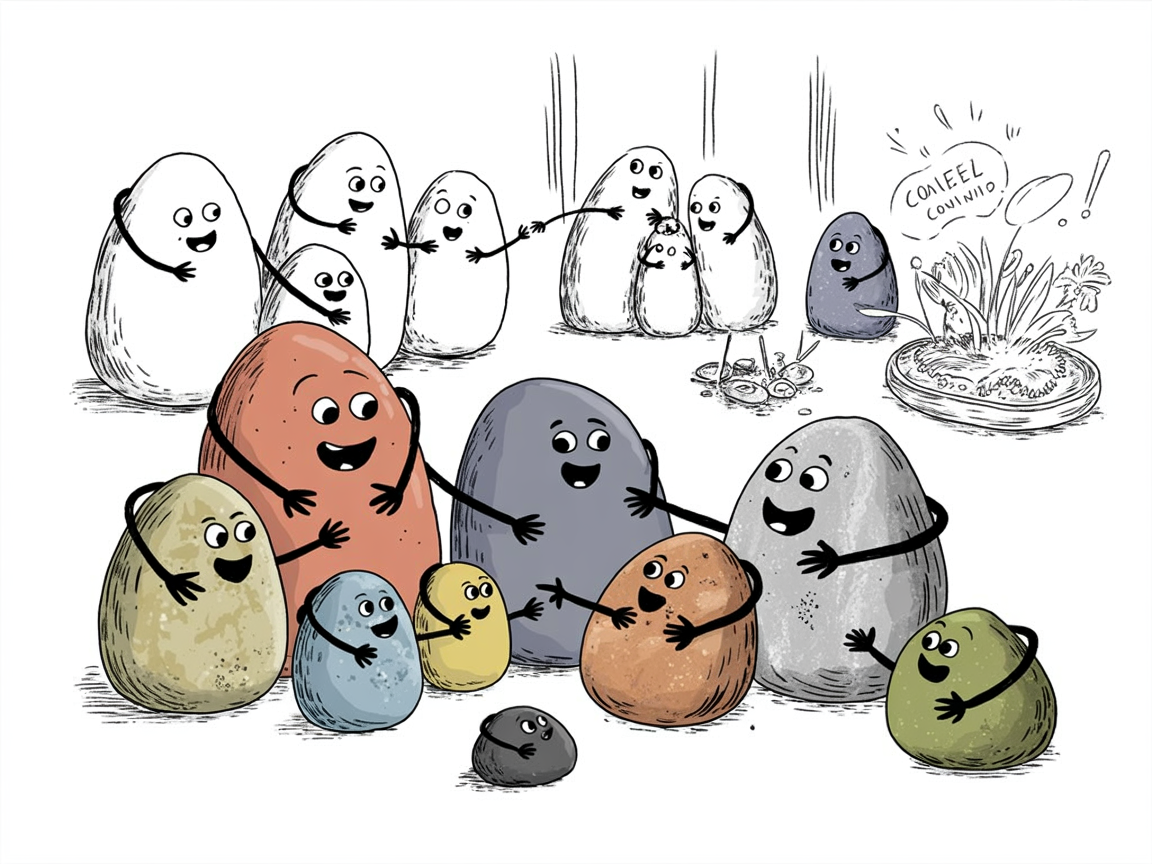 Diverse group of stone characters enjoying homeschool field trips together as community