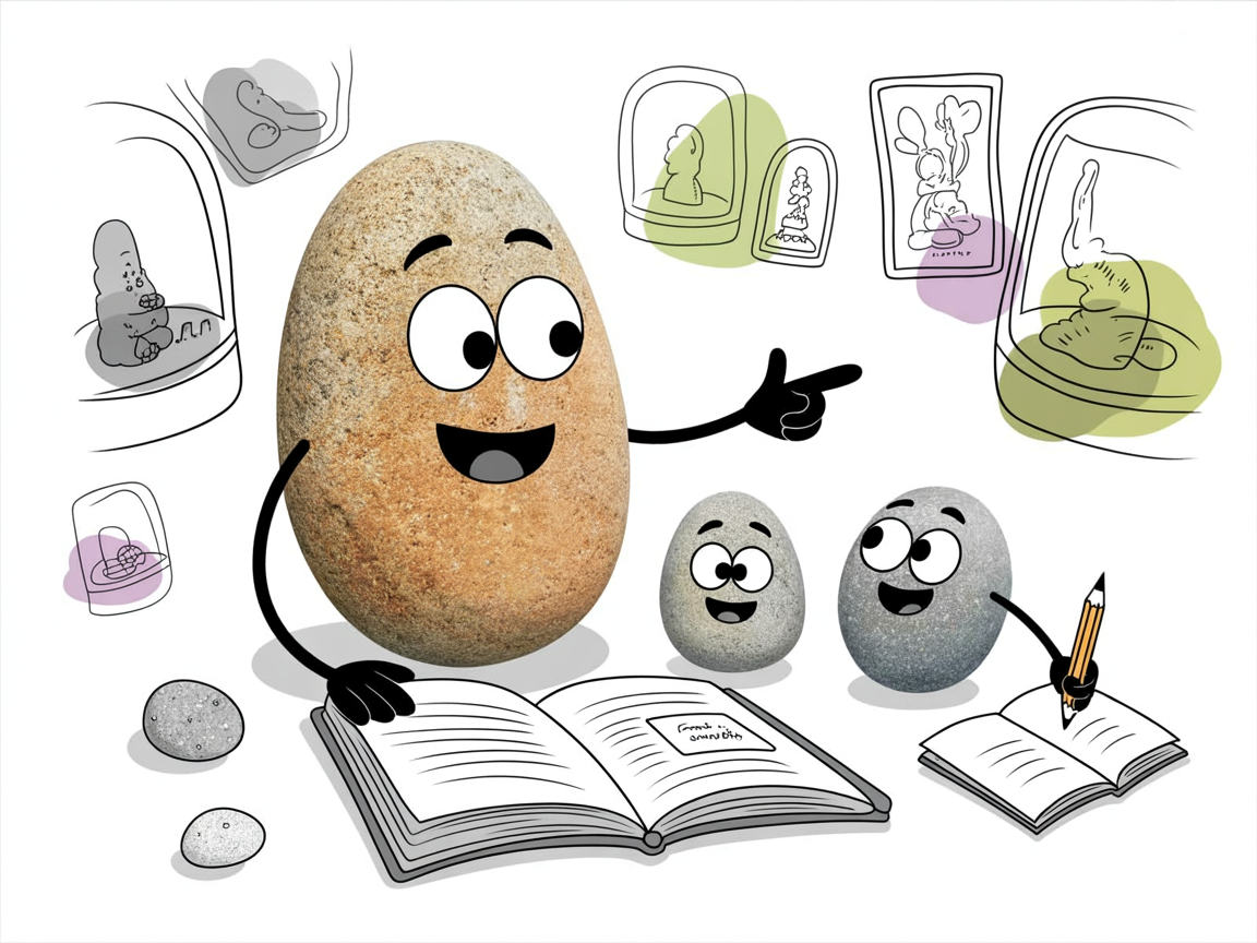 Parent and child stone characters exploring museum exhibit during homeschool field trips