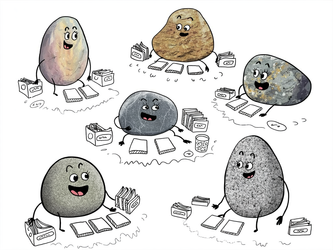 Different homeschool portfolio organization methods illustrated with stone characters using varied arrangement styles