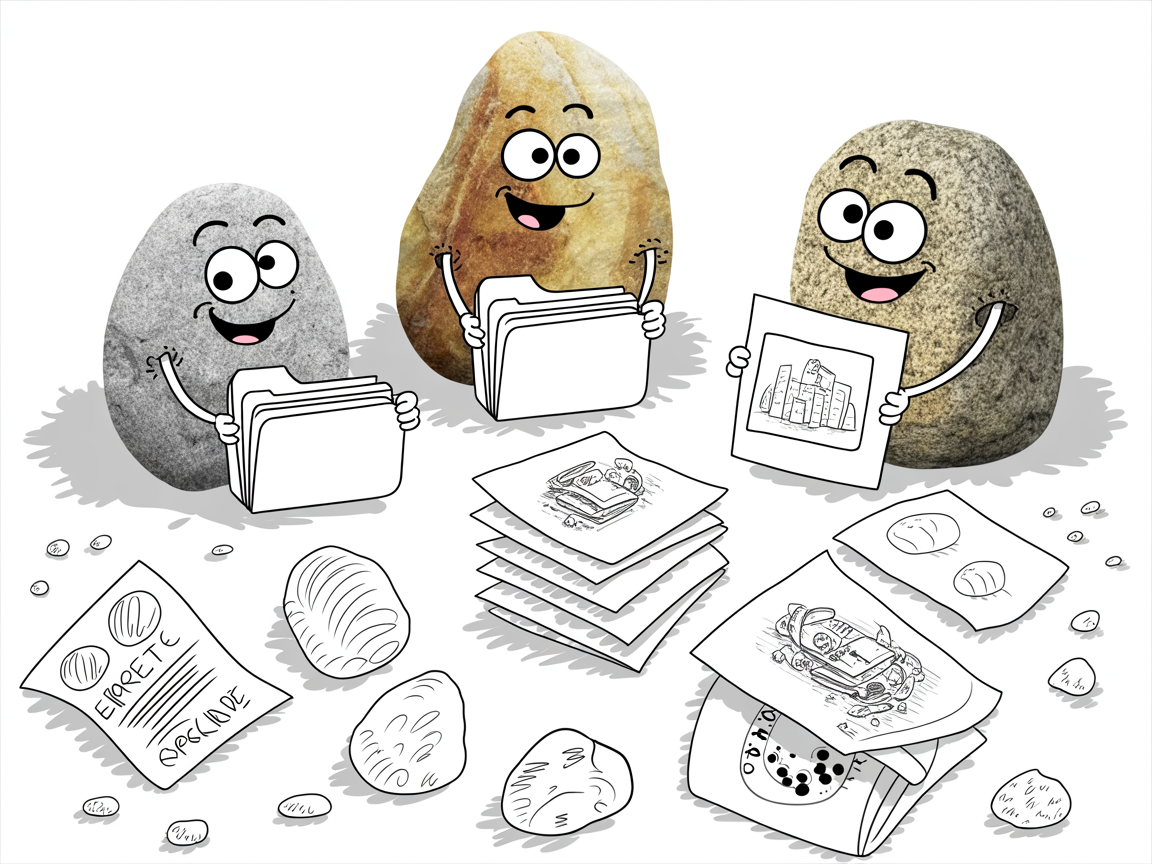 Homeschool portfolio samples shown through stone characters displaying different organizational approaches and materials