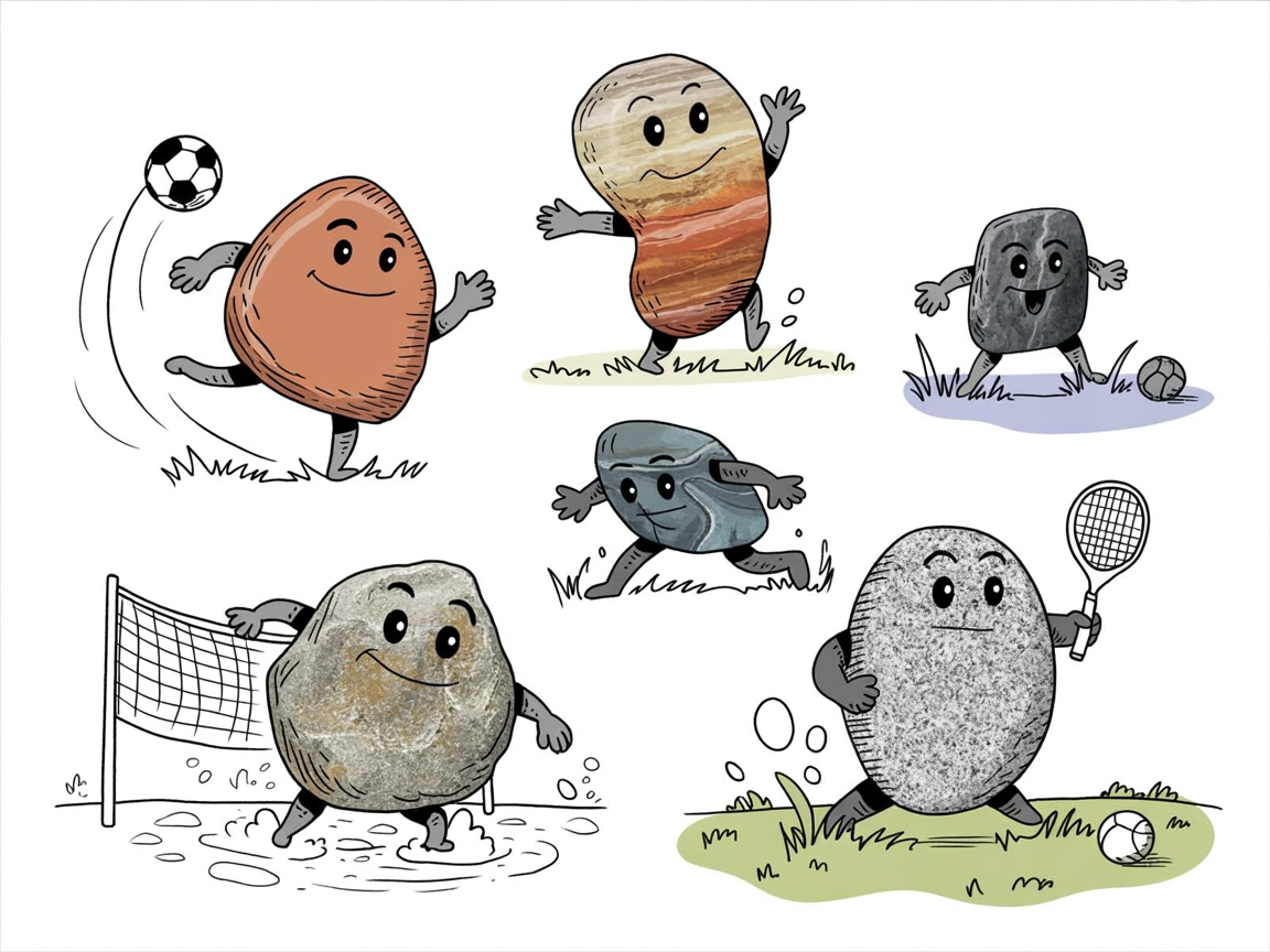 Diverse anthropomorphic stone characters participating in different sports representing types of homeschool sports leagues