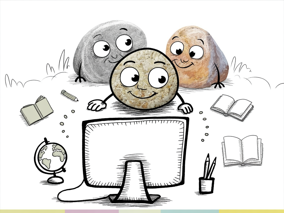 Anthropomorphic stone characters engaged in online teaching and tutoring for homeschool job opportunities