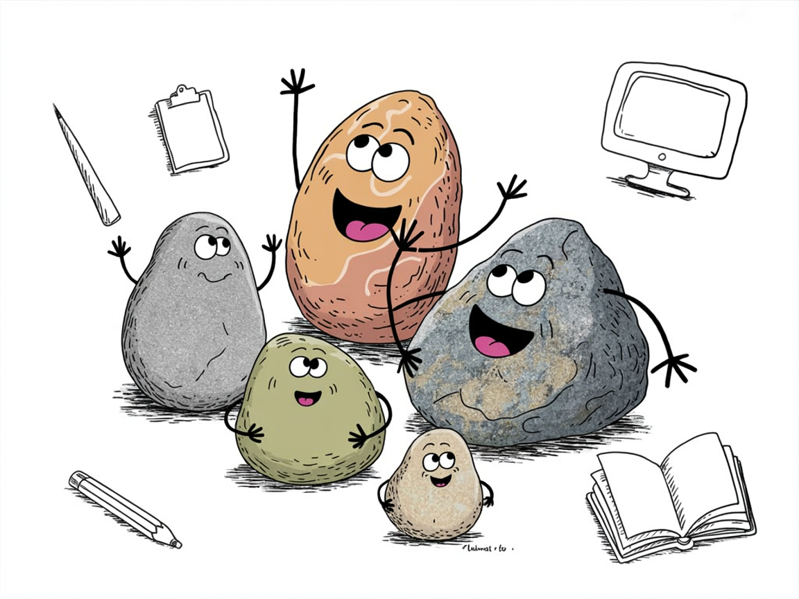 Various anthropomorphic stones representing different types of homeschool job opportunities available